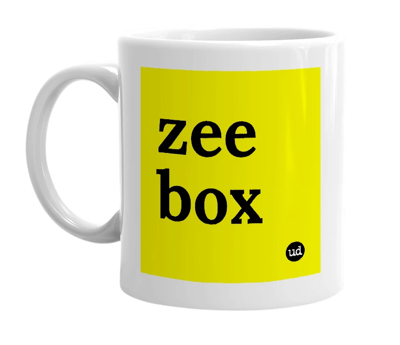 White mug with 'zee box' in bold black letters
