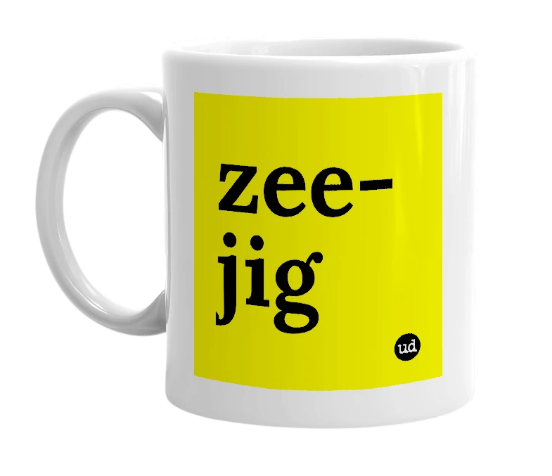 White mug with 'zee-jig' in bold black letters