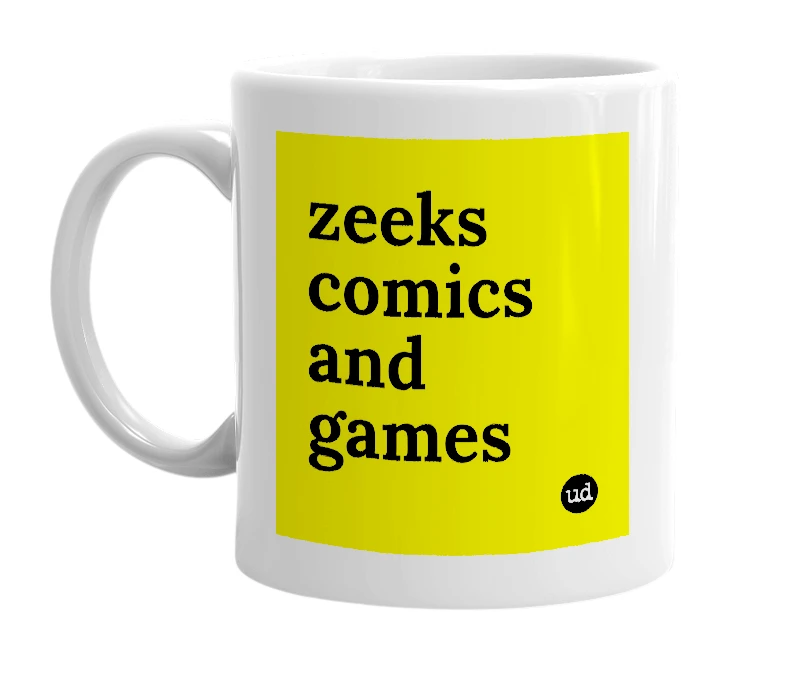 White mug with 'zeeks comics and games' in bold black letters