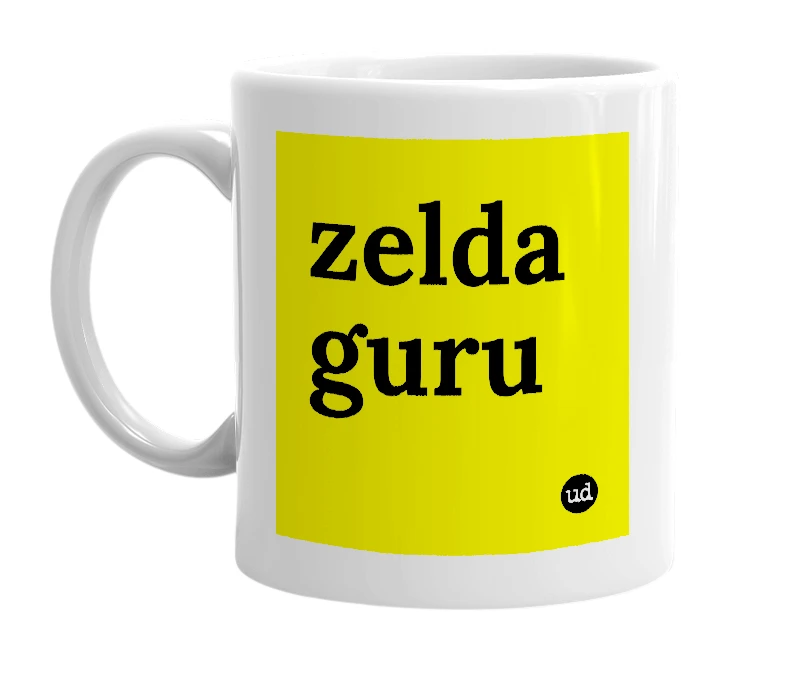 White mug with 'zelda guru' in bold black letters