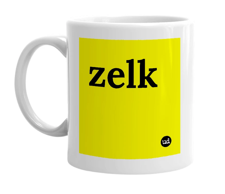 White mug with 'zelk' in bold black letters