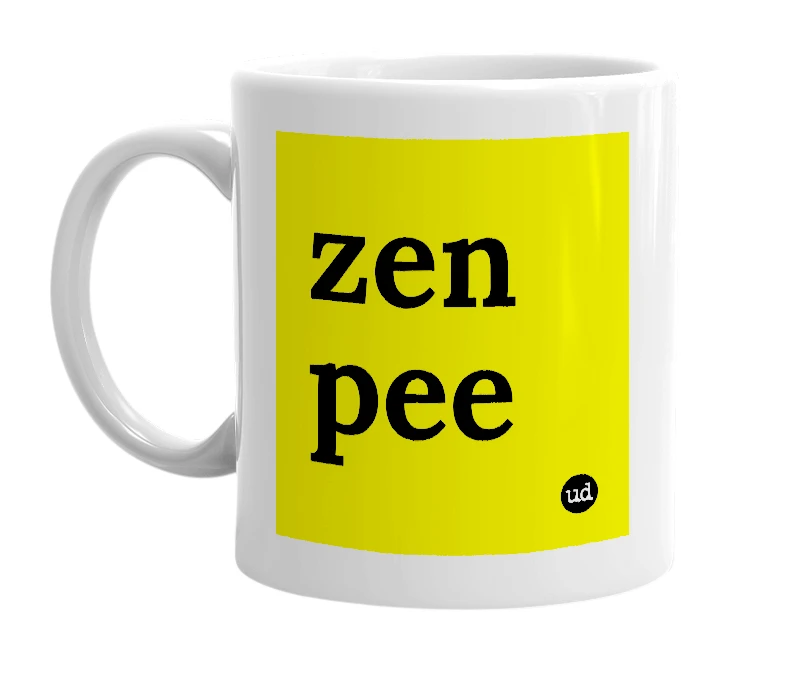 White mug with 'zen pee' in bold black letters
