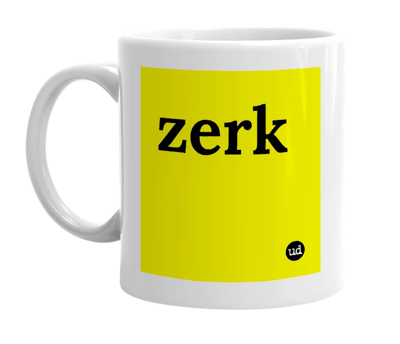White mug with 'zerk' in bold black letters