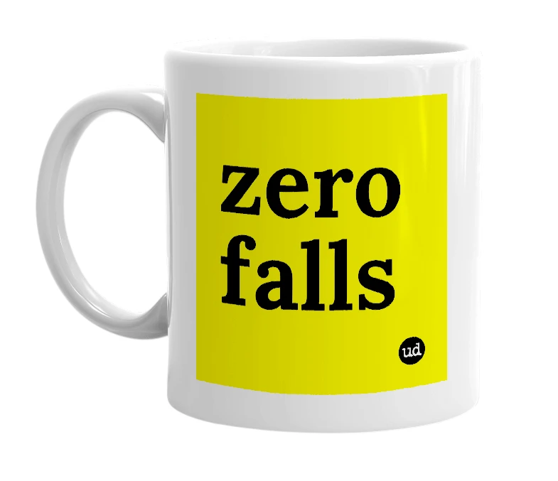 White mug with 'zero falls' in bold black letters