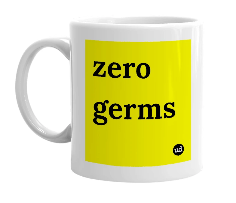 White mug with 'zero germs' in bold black letters