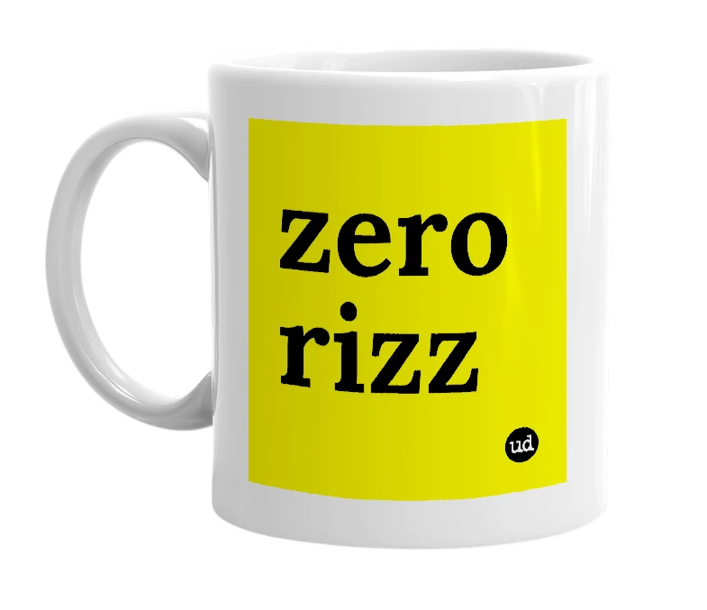 White mug with 'zero rizz' in bold black letters