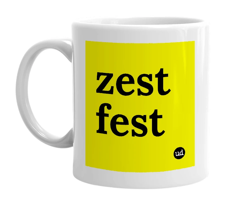 White mug with 'zest fest' in bold black letters