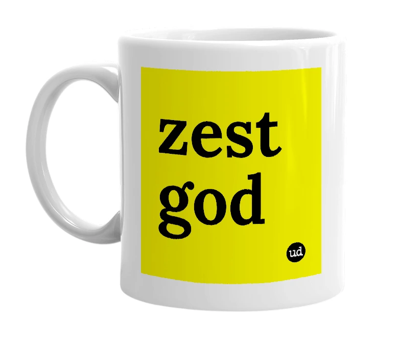 White mug with 'zest god' in bold black letters