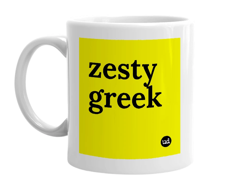 White mug with 'zesty greek' in bold black letters