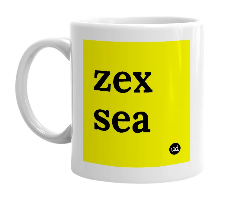 White mug with 'zex sea' in bold black letters