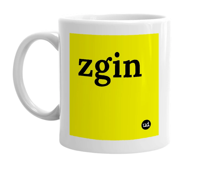 White mug with 'zgin' in bold black letters