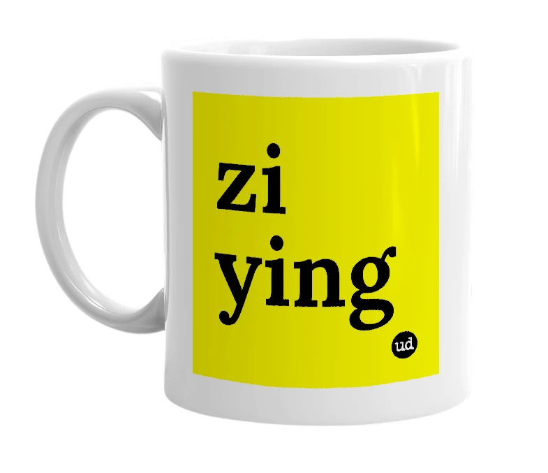 White mug with 'zi ying' in bold black letters