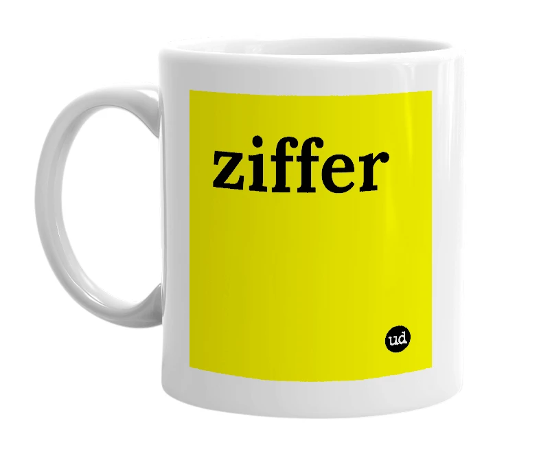 White mug with 'ziffer' in bold black letters