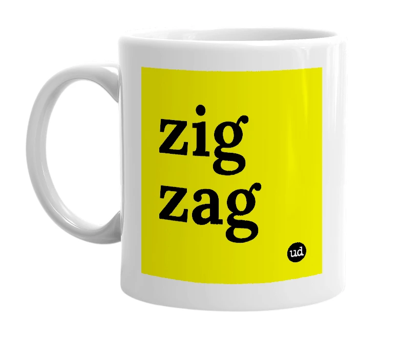 White mug with 'zig zag' in bold black letters