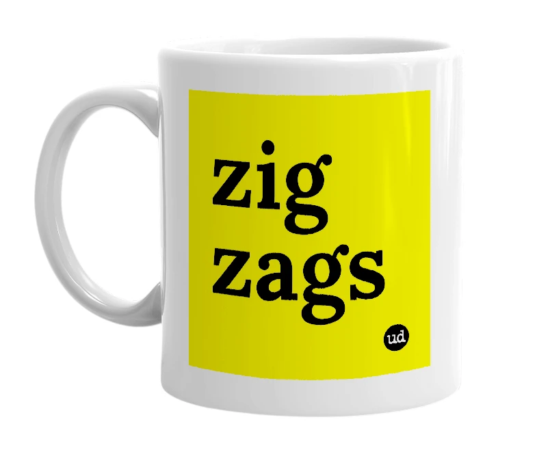 White mug with 'zig zags' in bold black letters