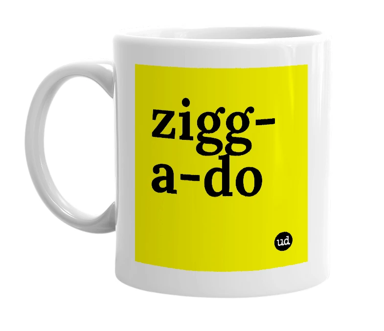 White mug with 'zigg-a-do' in bold black letters