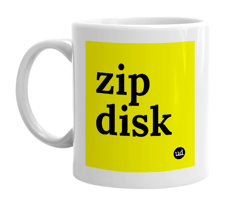 White mug with 'zip disk' in bold black letters