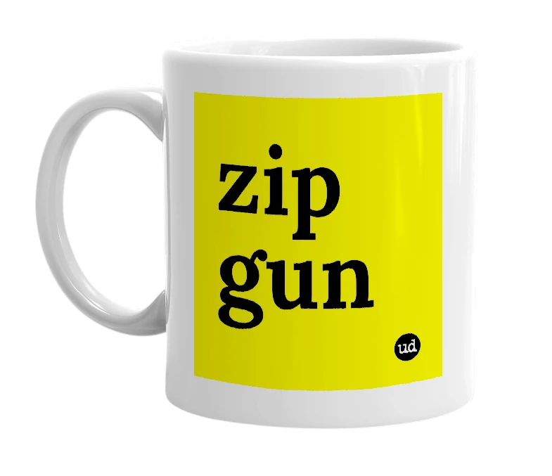 White mug with 'zip gun' in bold black letters