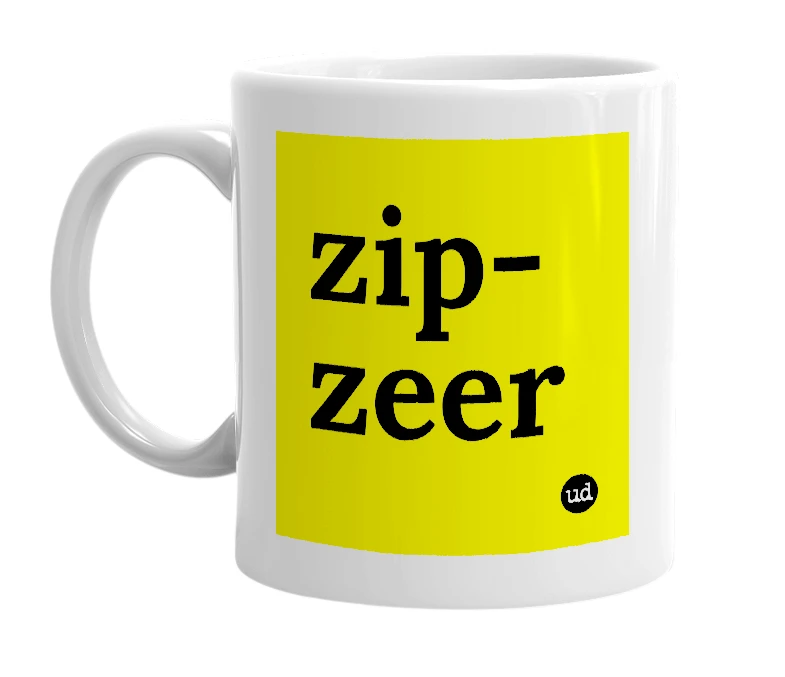 White mug with 'zip-zeer' in bold black letters