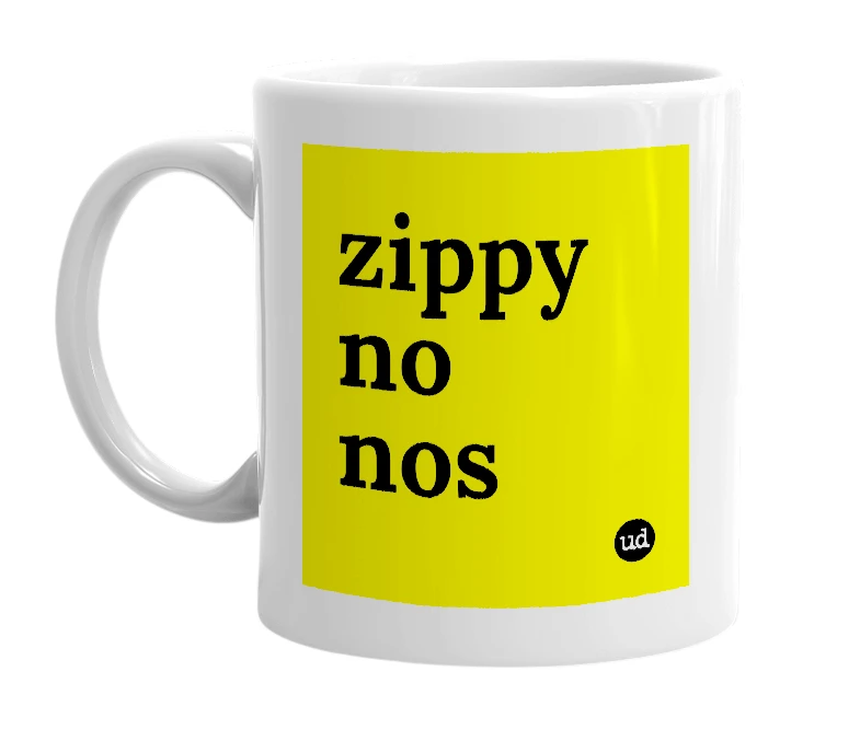 White mug with 'zippy no nos' in bold black letters