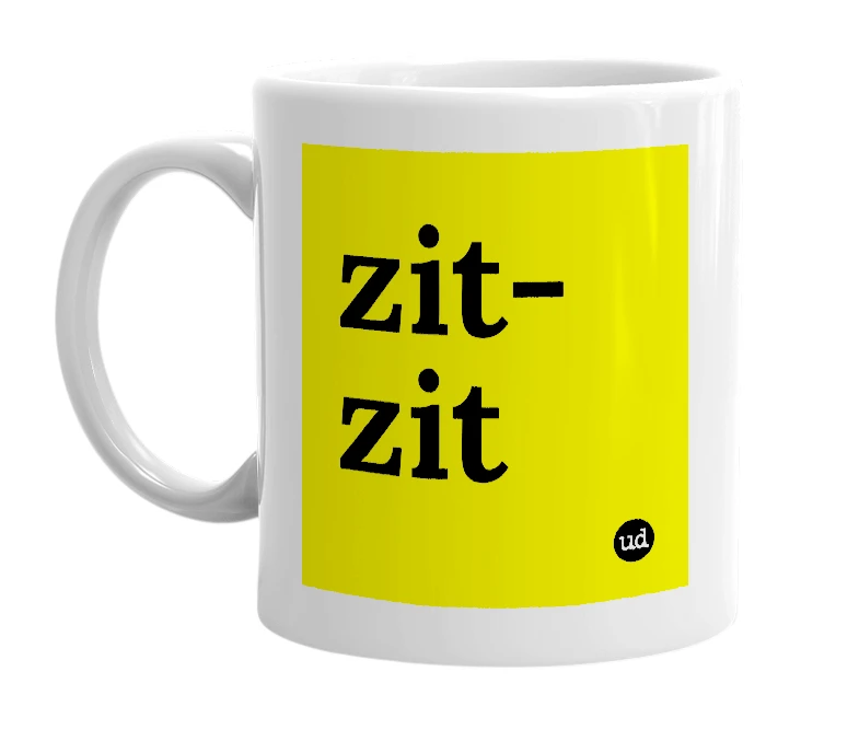 White mug with 'zit-zit' in bold black letters