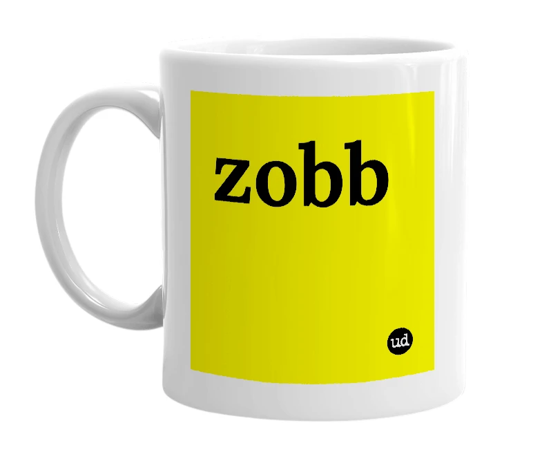 White mug with 'zobb' in bold black letters