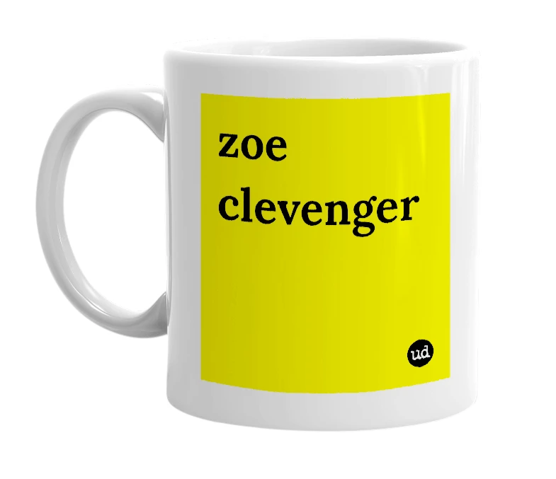 White mug with 'zoe clevenger' in bold black letters