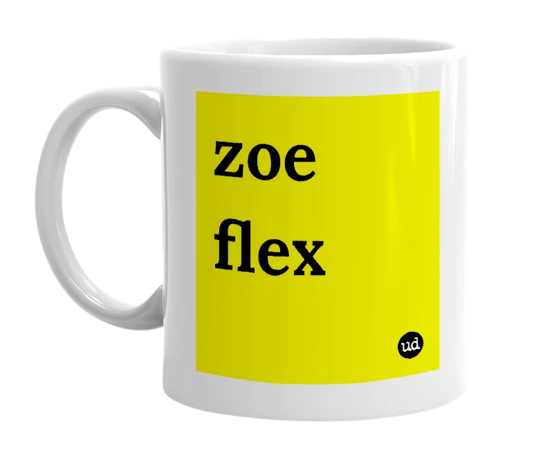 White mug with 'zoe flex' in bold black letters