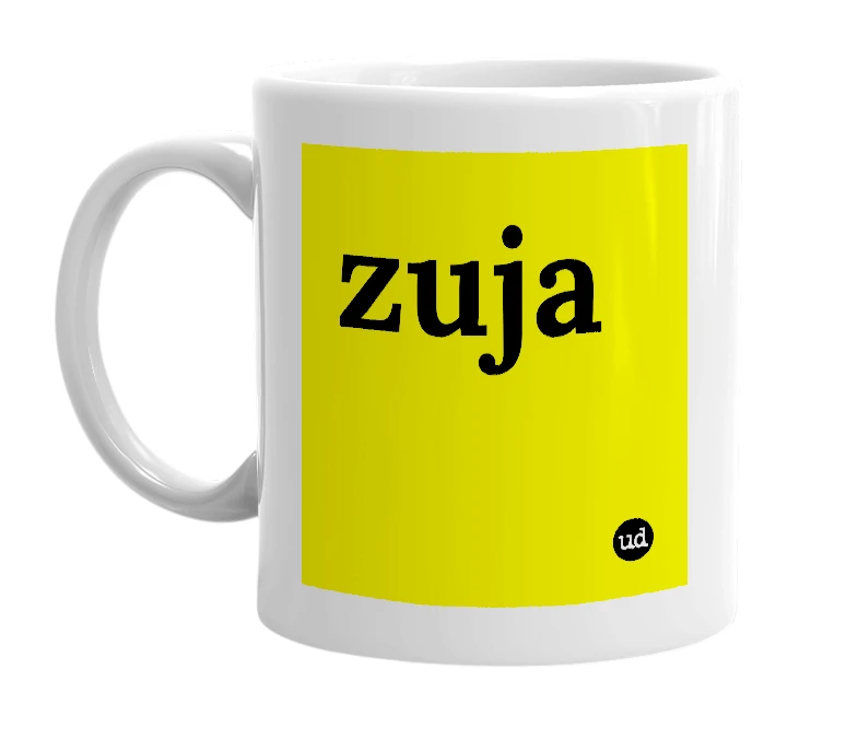 White mug with 'zuja' in bold black letters