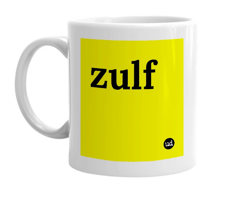 White mug with 'zulf' in bold black letters