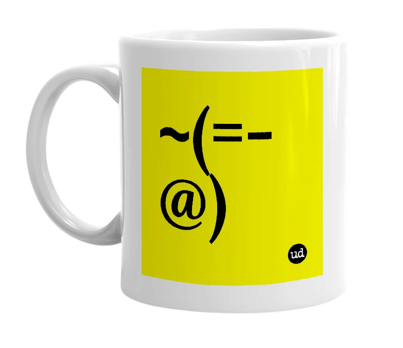 White mug with '~(=-@)' in bold black letters