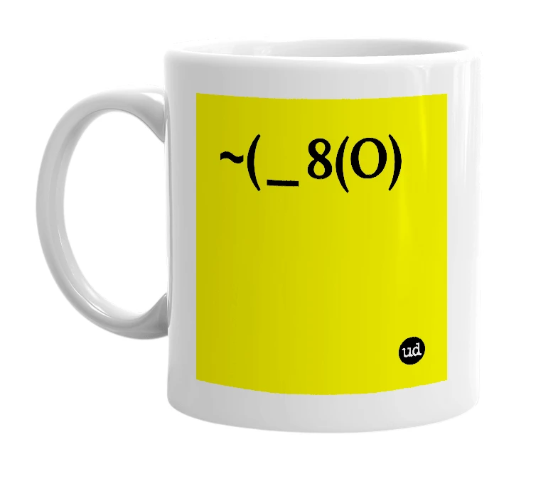 White mug with '~(_8(O)' in bold black letters