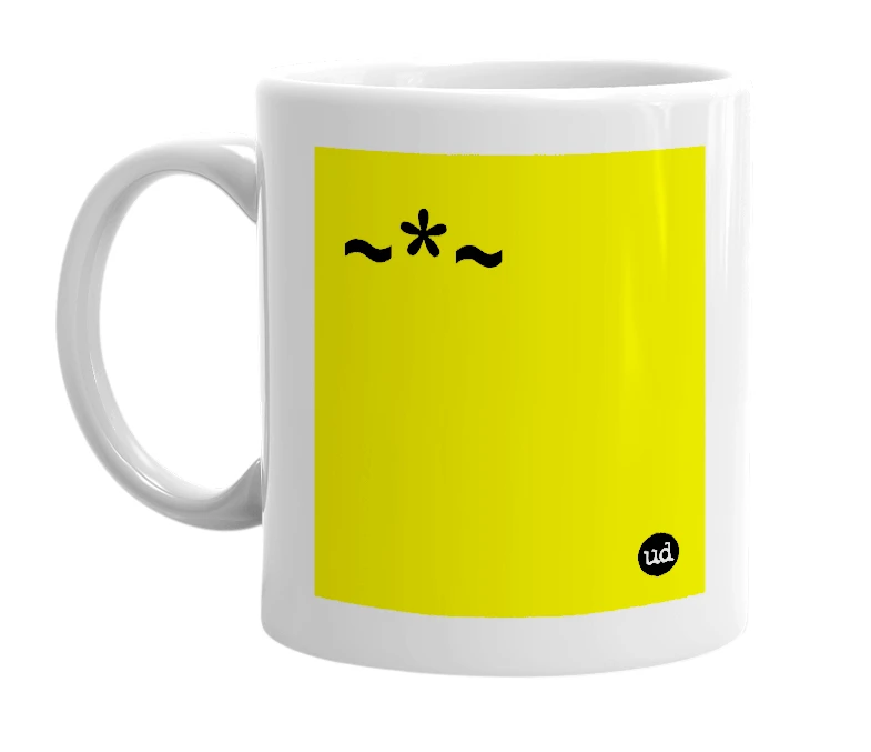 White mug with '~*~' in bold black letters
