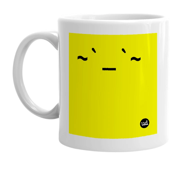 White mug with '~`_`~' in bold black letters