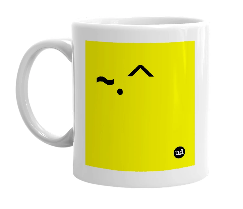 White mug with '~.^' in bold black letters