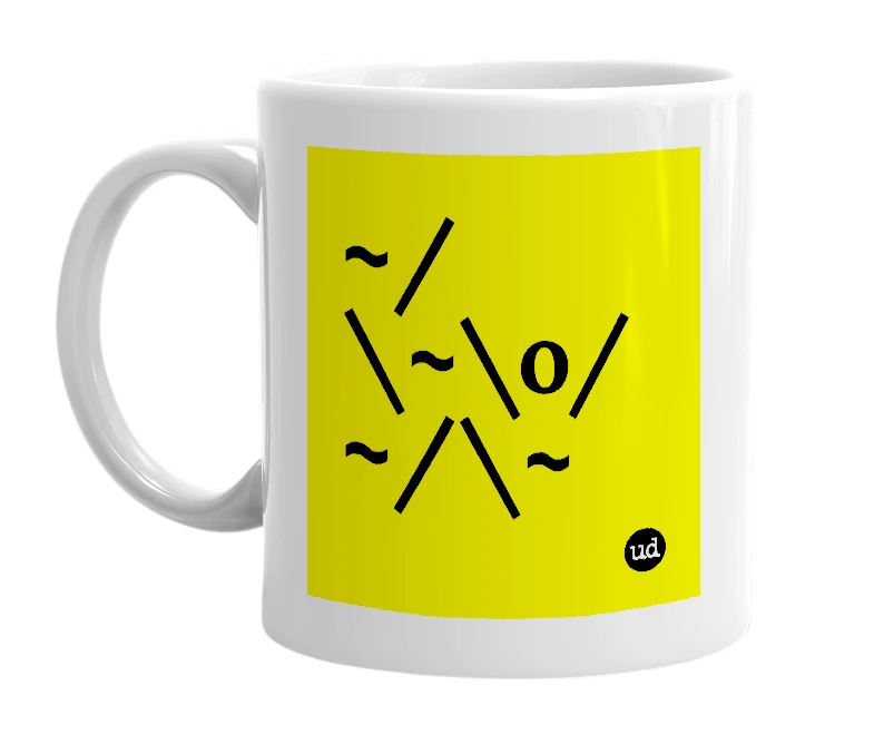 White mug with '~/\~\o/~/\~' in bold black letters