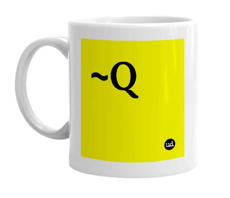White mug with '~Q' in bold black letters