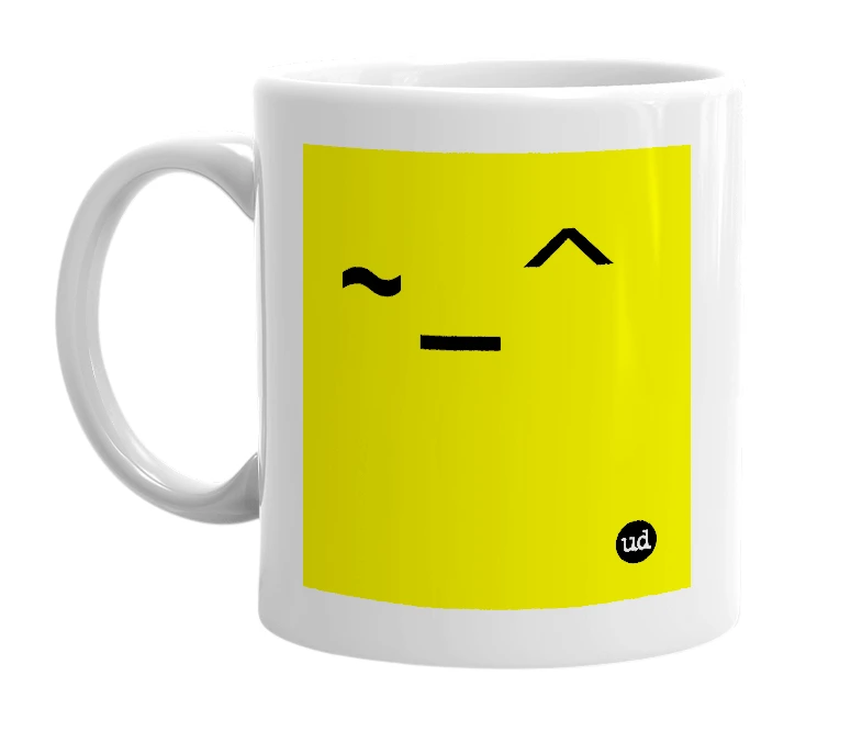 White mug with '~_^' in bold black letters