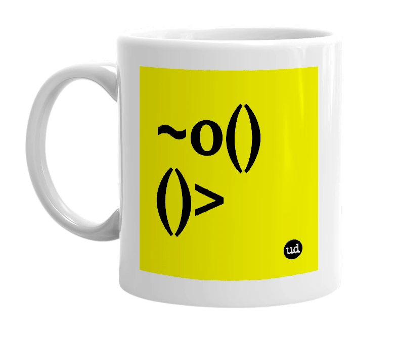 White mug with '~o()()>' in bold black letters