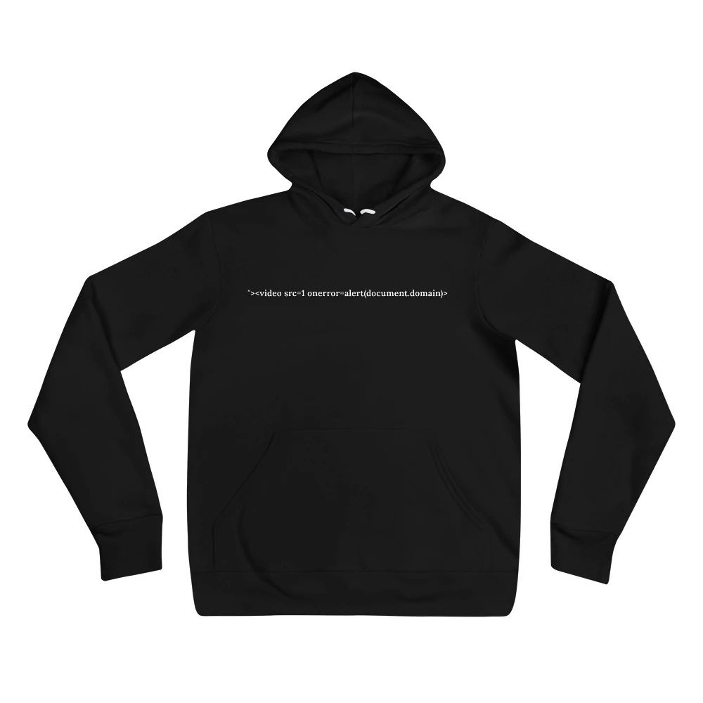 Hoodie with the phrase '"><video src=1 onerror=alert(document.domain)>' printed on the front