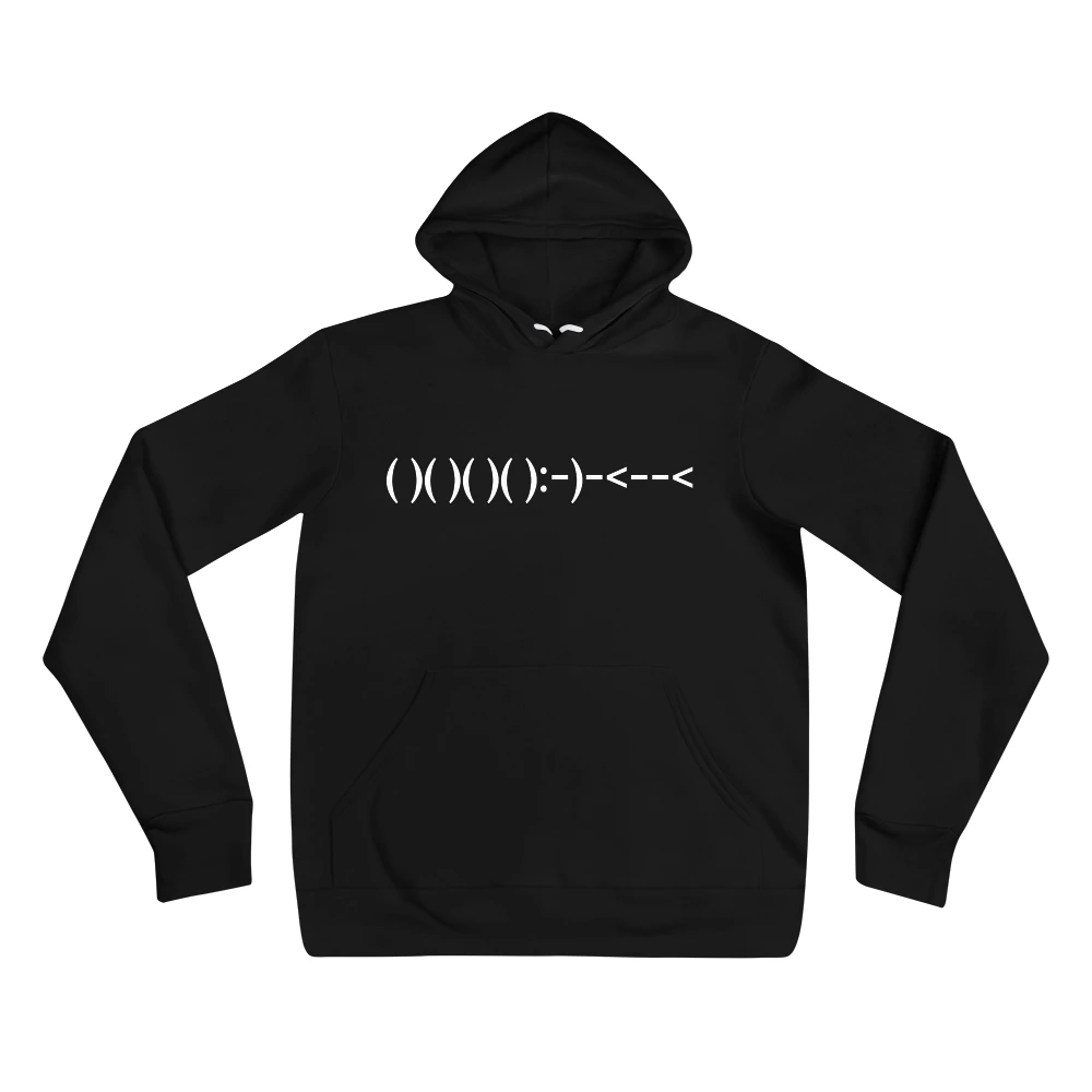 Hoodie with the phrase '( )( )( )( ):-)-<--<' printed on the front
