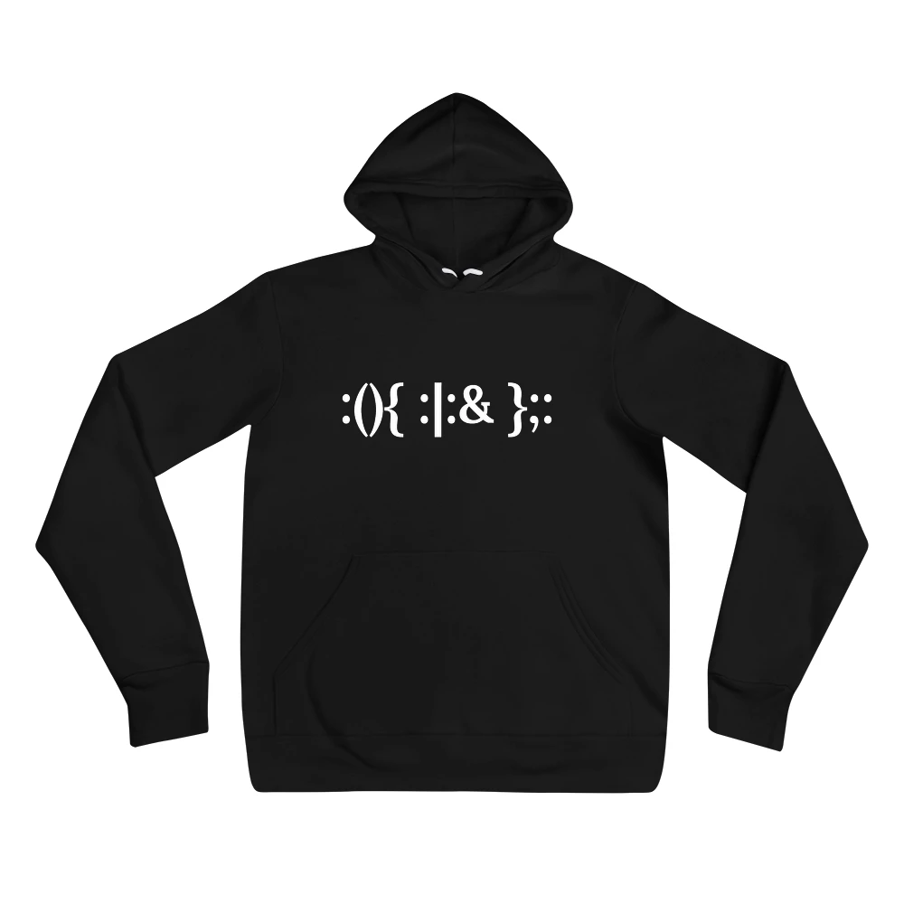 Hoodie with the phrase ':(){ :|:& };:' printed on the front