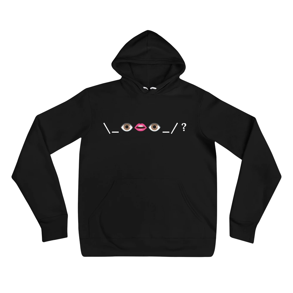 Hoodie with the phrase '\_👁️👄👁️_/ ?' printed on the front