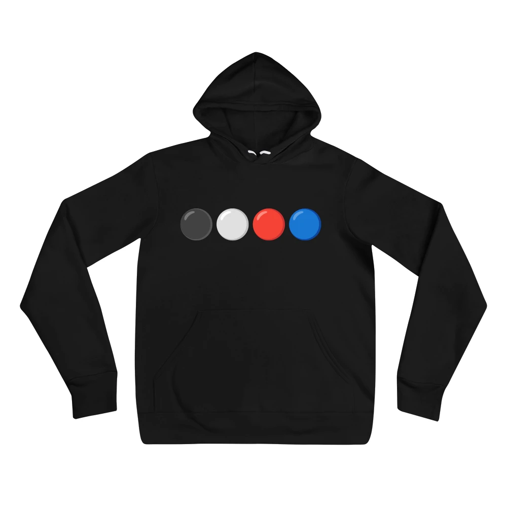 Hoodie with the phrase '⚫️⚪️🔴🔵' printed on the front