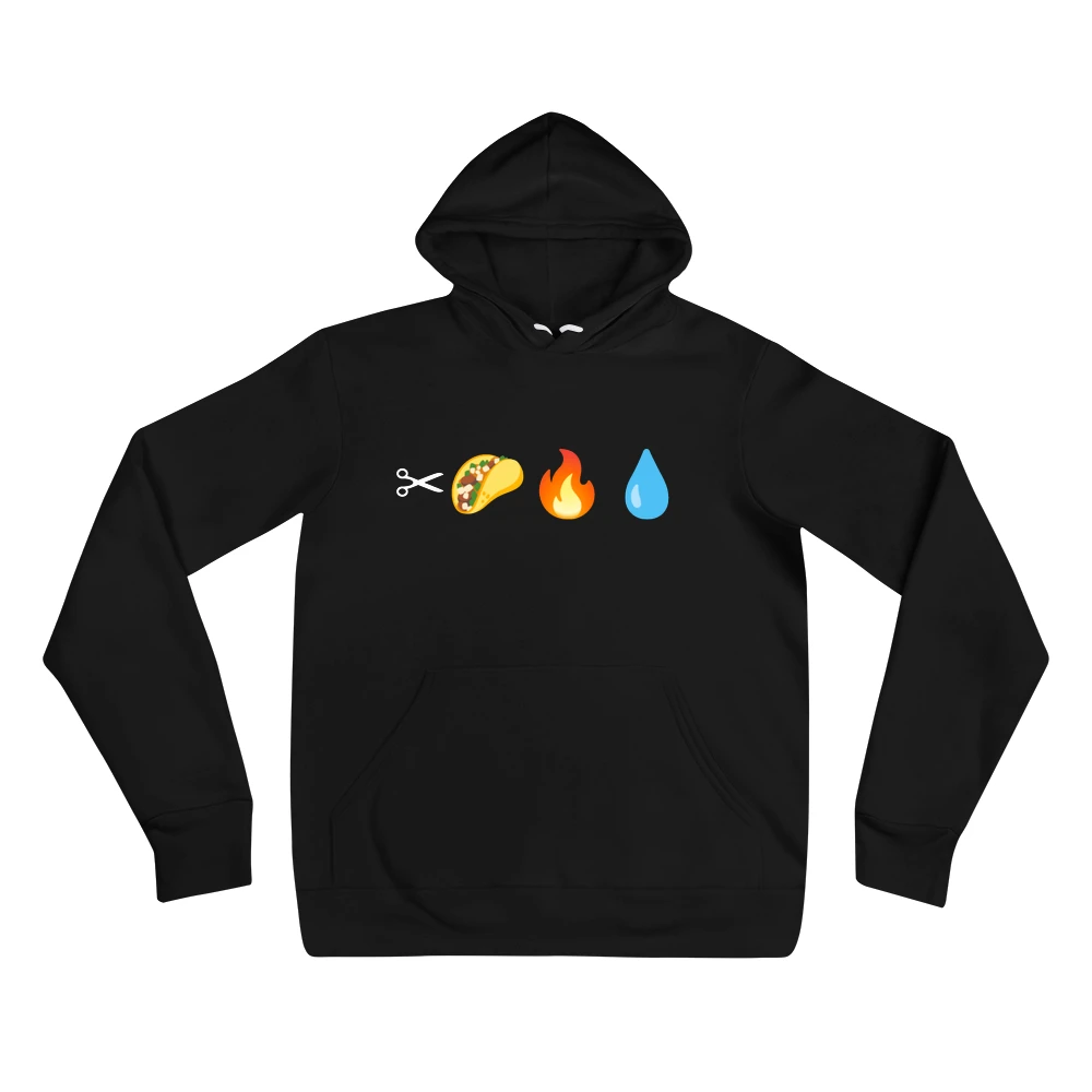 Hoodie with the phrase '✂🌮🔥💧' printed on the front