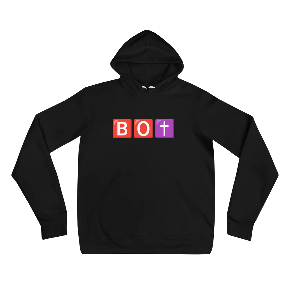 Hoodie with the phrase '🅱️🅾️✝️' printed on the front