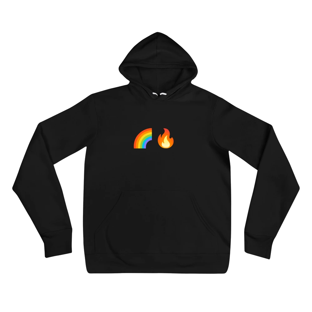Hoodie with the phrase '🌈🔥' printed on the front