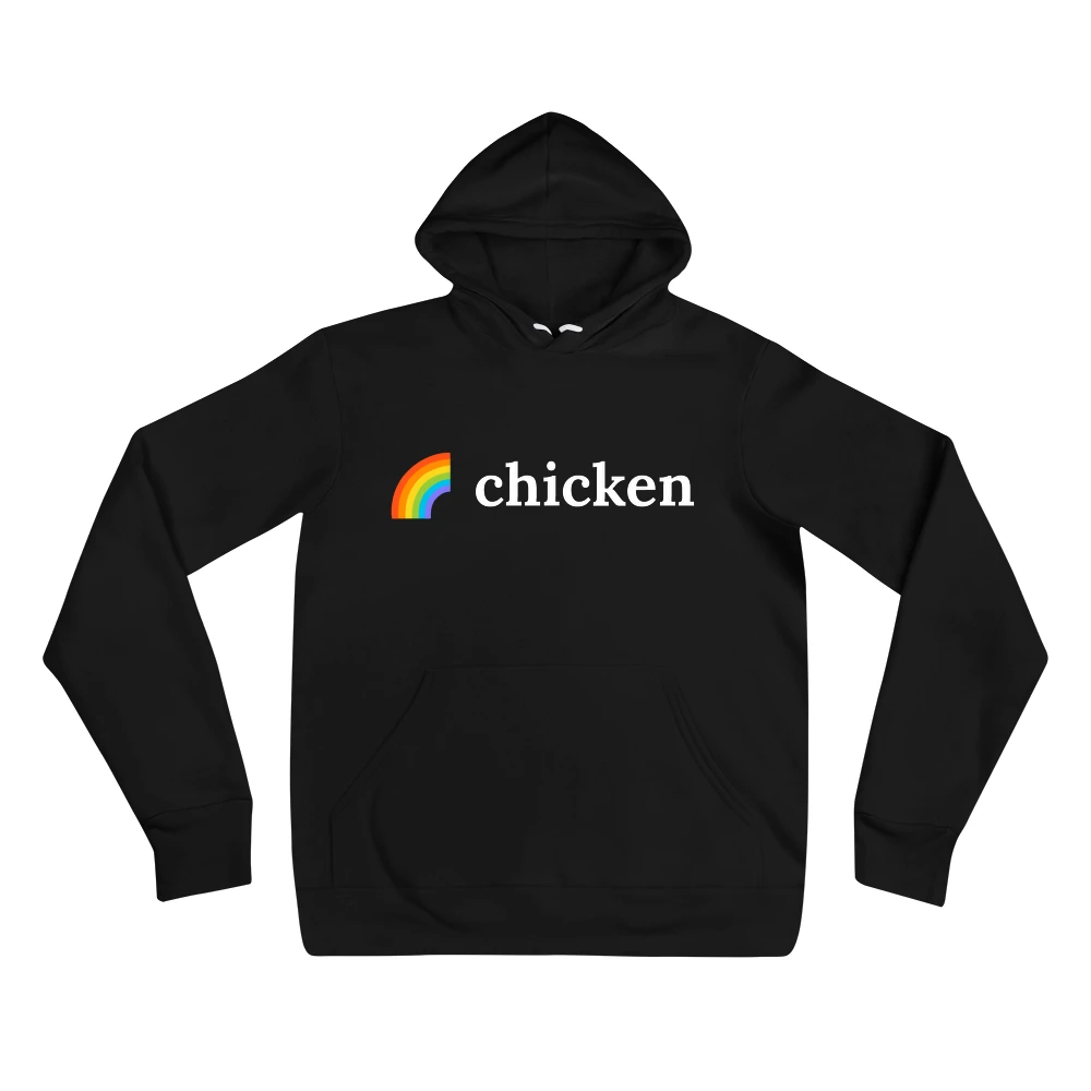 Hoodie with the phrase '🌈 chicken' printed on the front