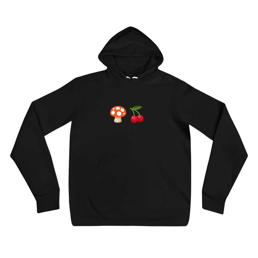 Hoodie with the phrase '🍄🍒' printed on the front