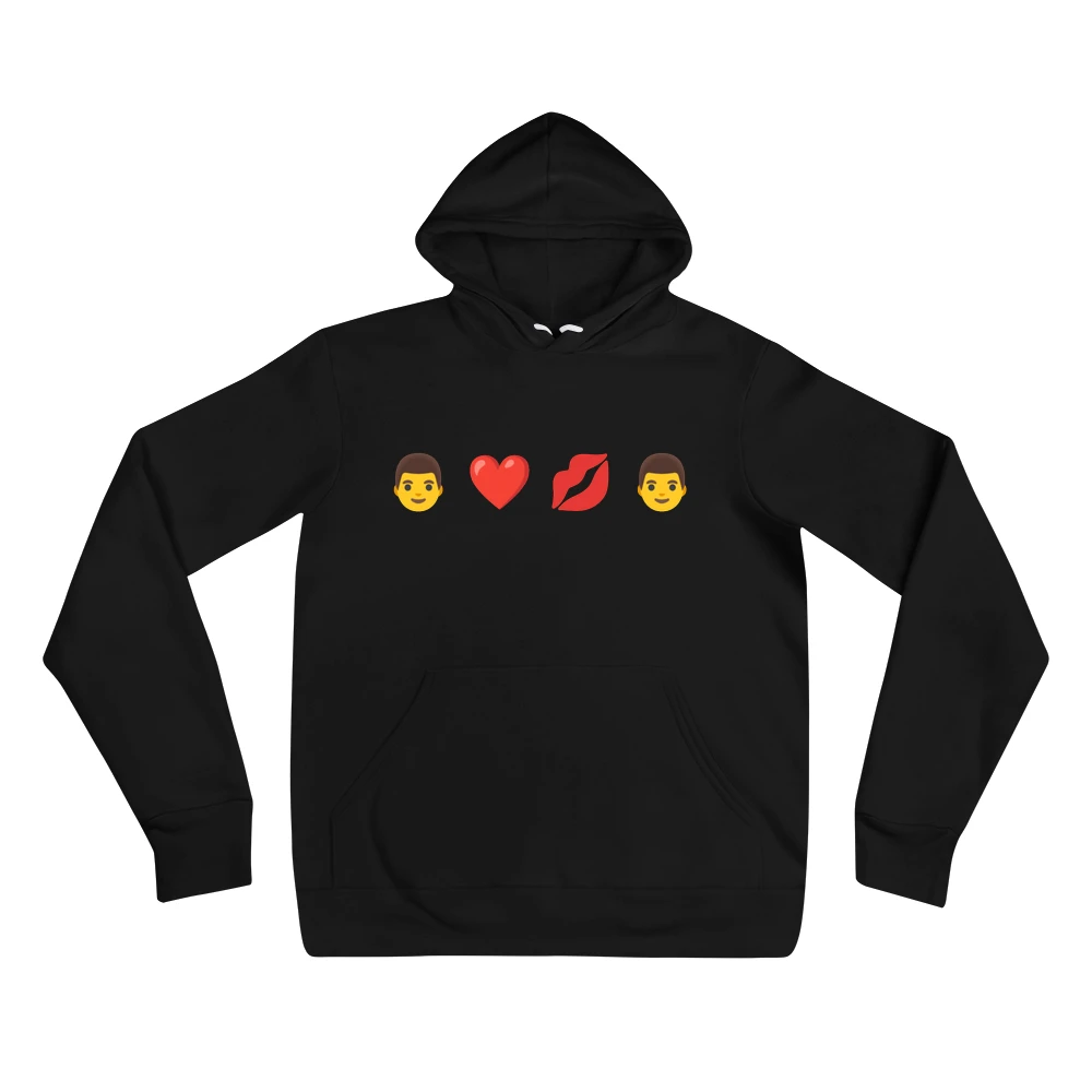 Hoodie with the phrase '👨 ❤️ 💋 👨' printed on the front